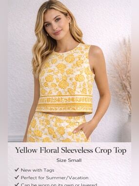 Alex Marie Yellow Floral Sleeveless Crop Top| Size Small|NWT| Spring/Summer Chic